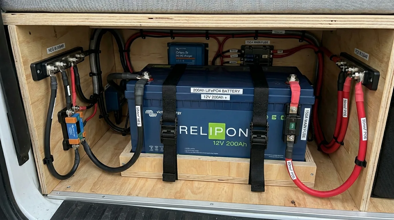 Zentrale Verteilung (Busbars) & LiFePO4-Batterie