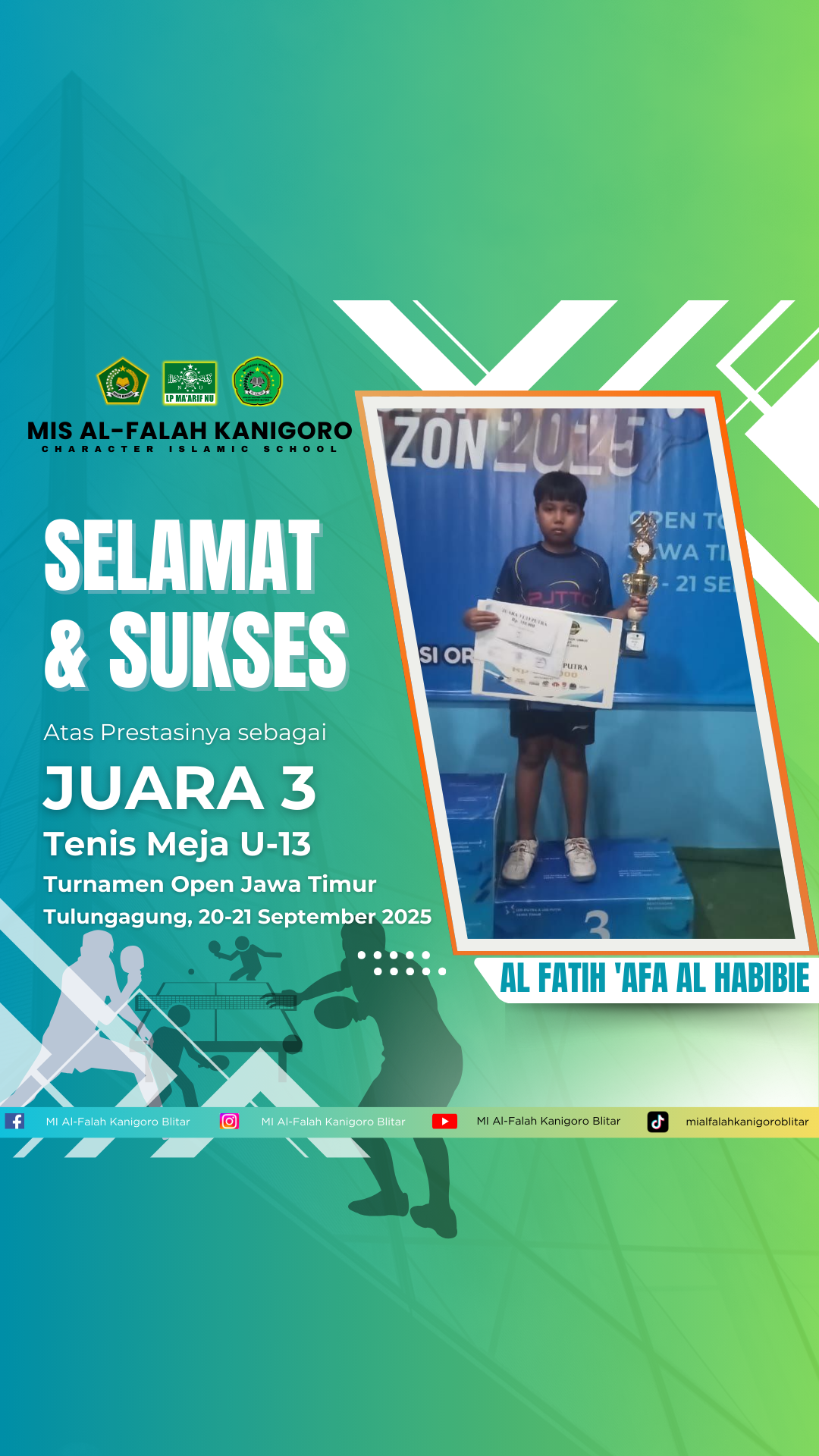 Al Fatih 'Afa Al Habibie Raih Juara 3 Tenis Meja U-13 Turnamen Open Jawa Timur