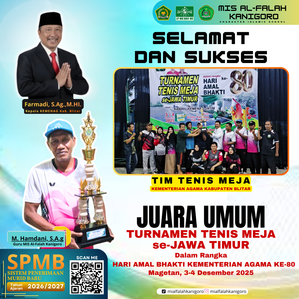 Guru MIS Al-Falah Kangoro Raih Juara Umum Turnamen Tenis Meja Se-Jawa Timur