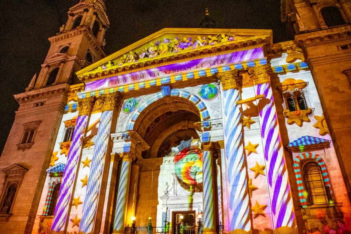 Budapest St Stephens Basilica Christmas market light show