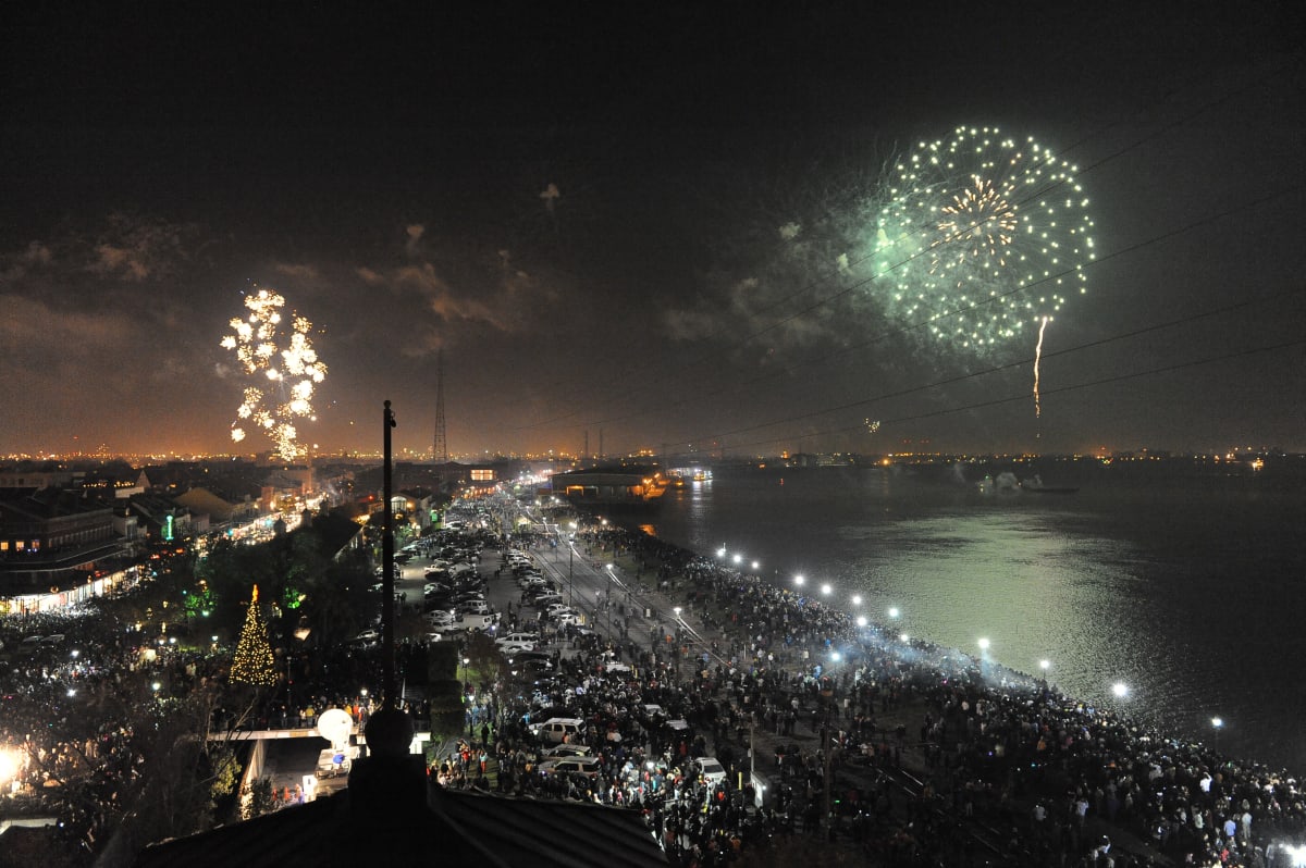Jackson Square New Orleans New Year's Eve fireworks over Mississippi River