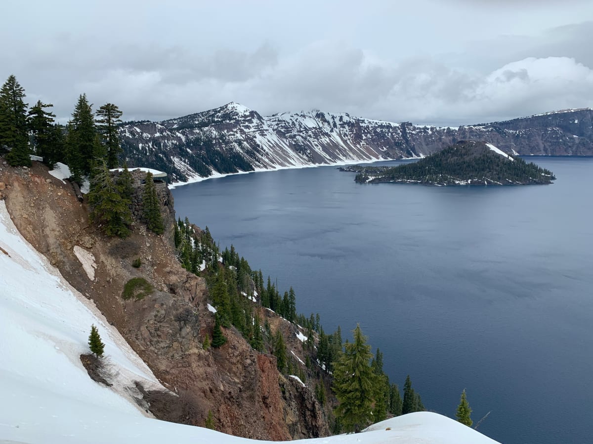 Crater Lake winter snow blue water