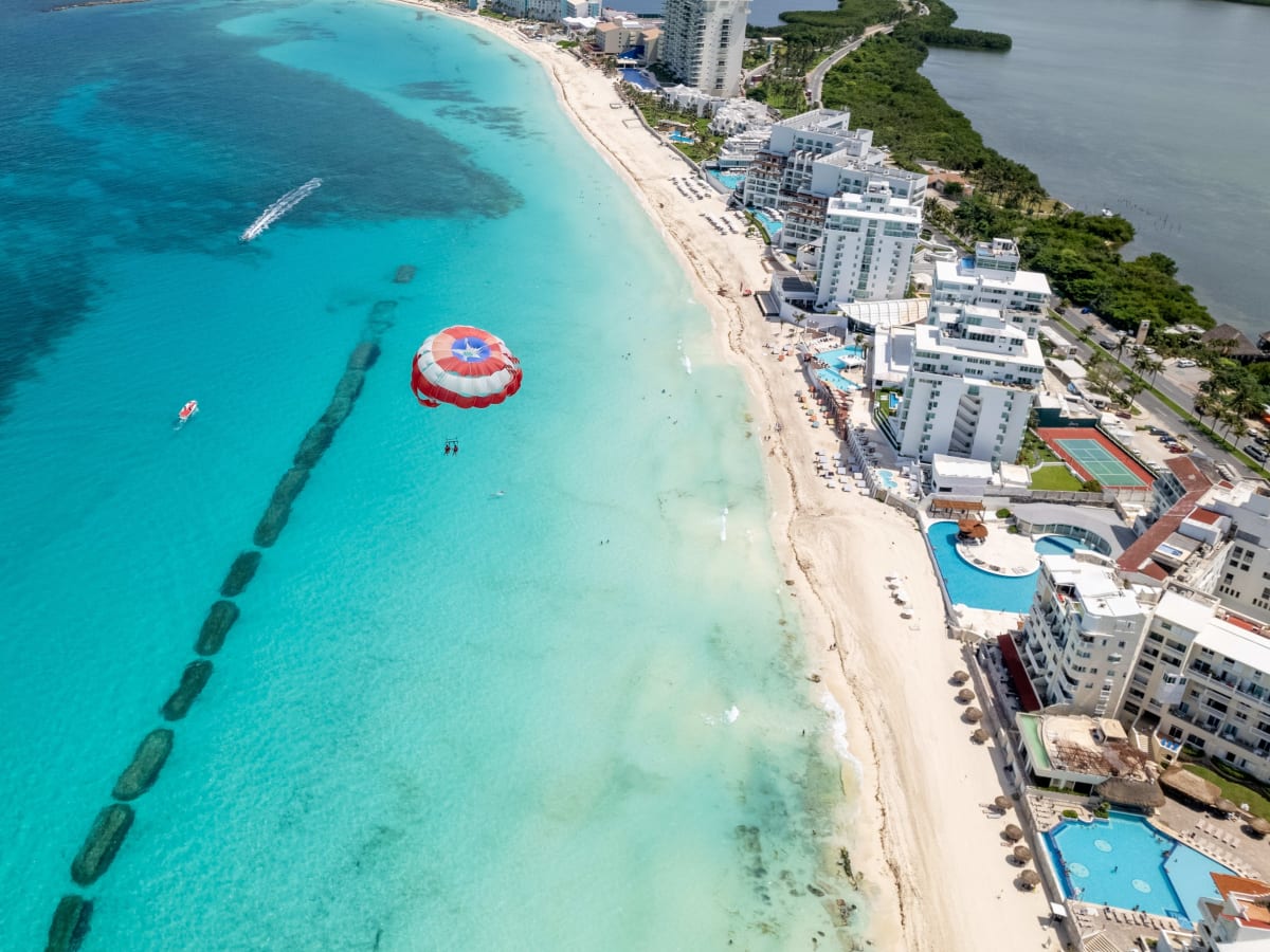 Cancun Hotel Zone aerial view resort strip