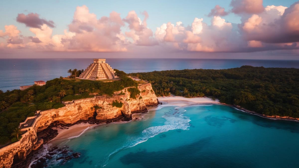 Tulum ruins overlooking Caribbean sea December