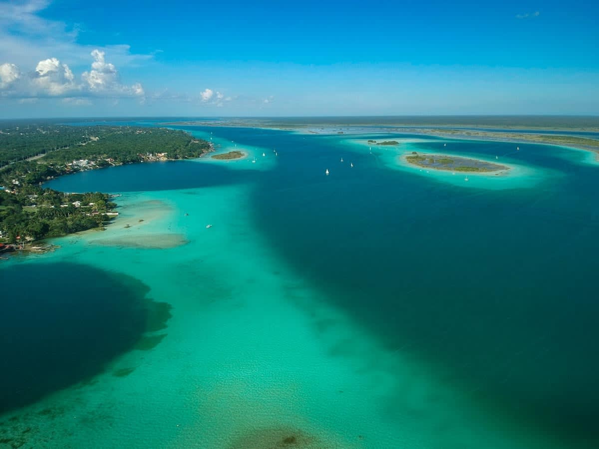 Bacalar Lagoon of Seven Colors aerial view Mexico