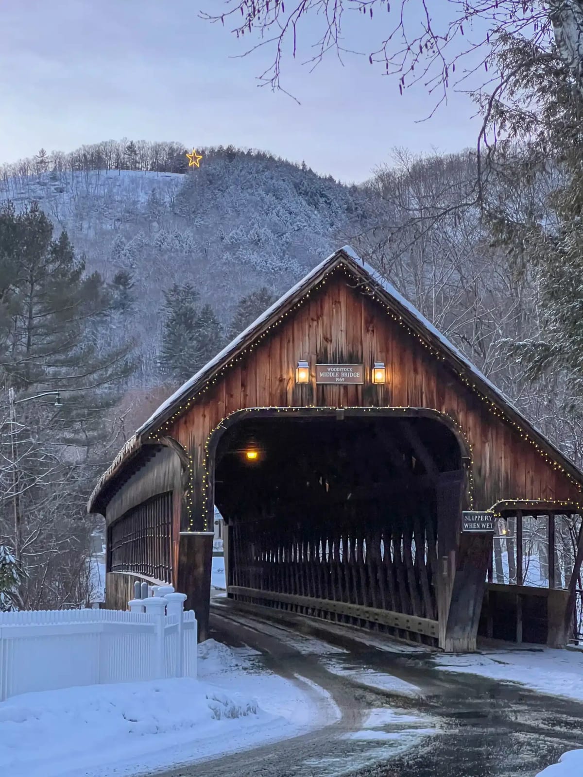 winter road trip through snowy New England countryside