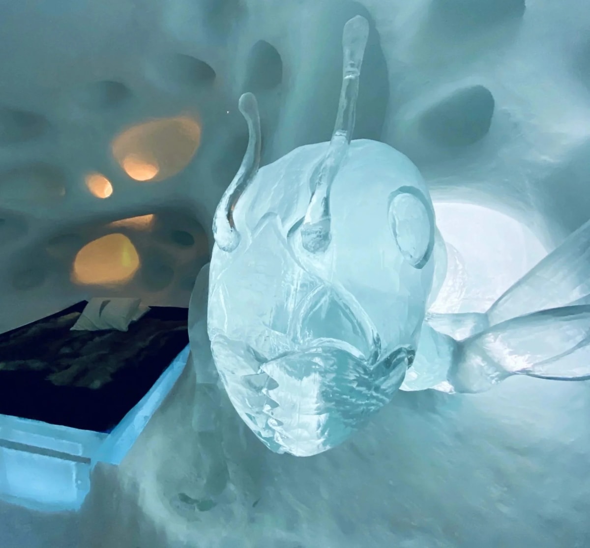 ice hotel art suite sculpture blue light