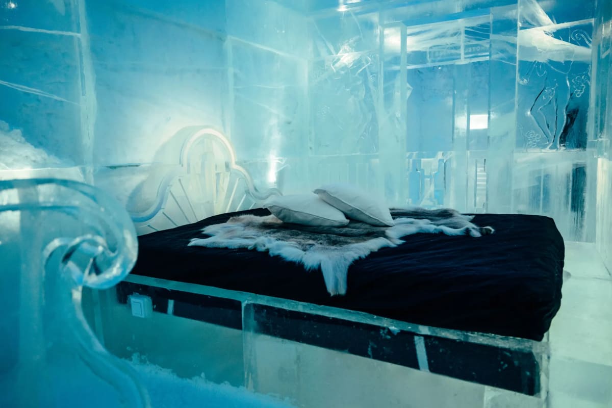 ice hotel room ice sculpture bed
