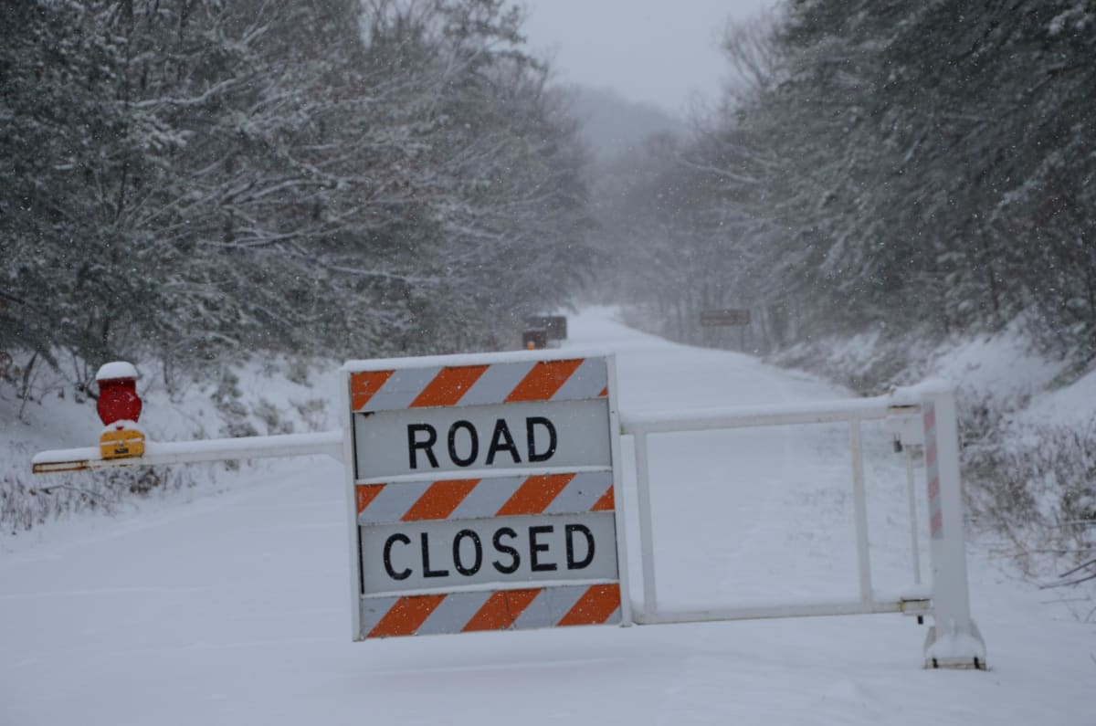 blue ridge parkway winter snow closed road walking