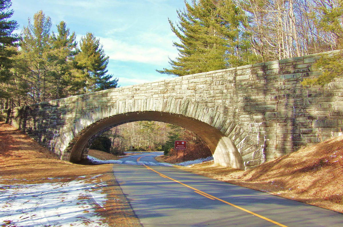 Blue Ridge Parkway stone bridge NC 181 winter