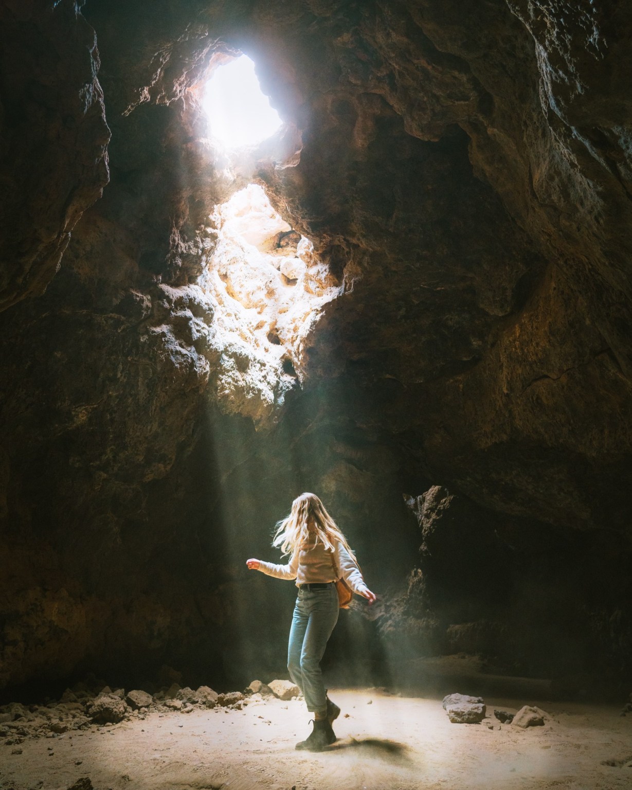 Mojave Desert lava tube light beams