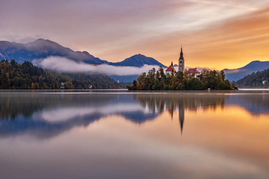 Lake Bled island castle Slovenia autumn