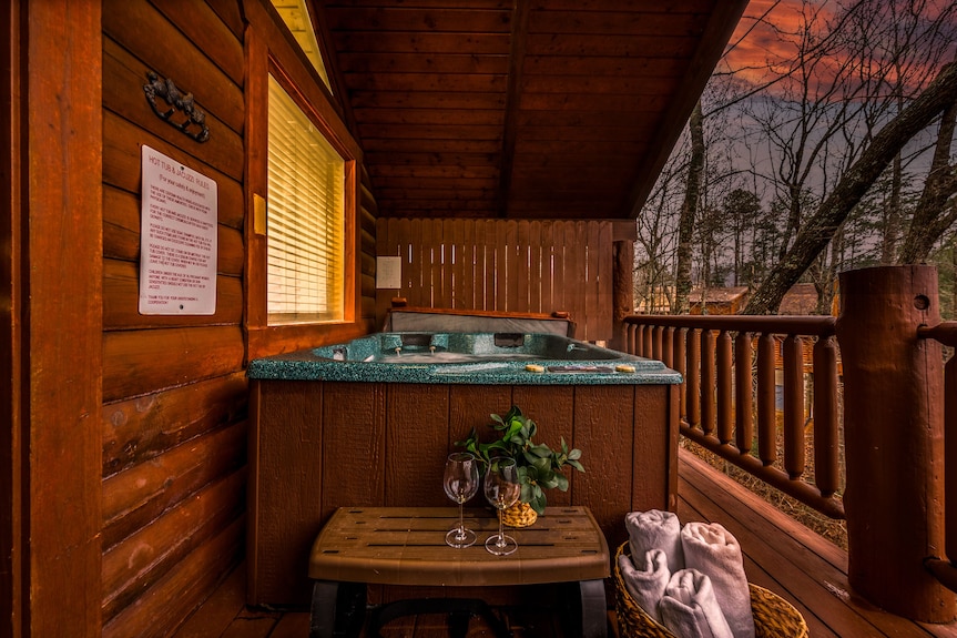 cozy fall cabin fireplace hot tub