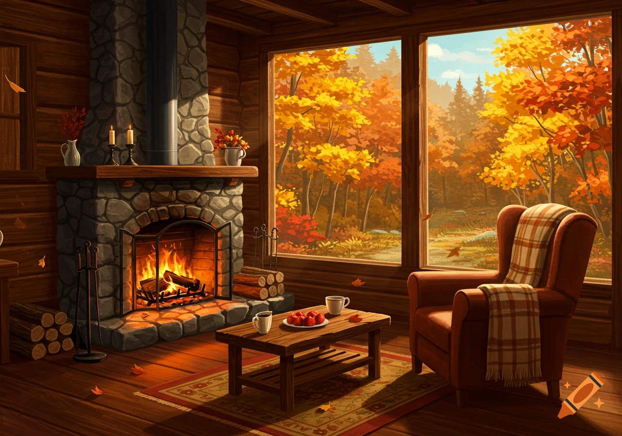 cozy cabin fireplace autumn forest