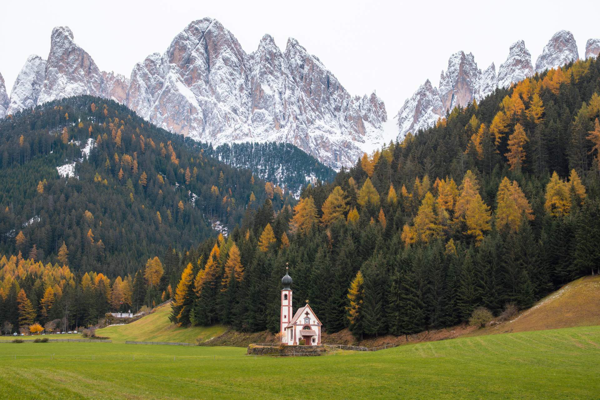 val di funes church dolomites autumn