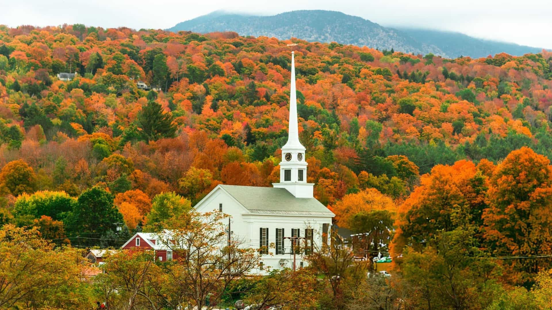 Stowe Vermont village fall foliage white church