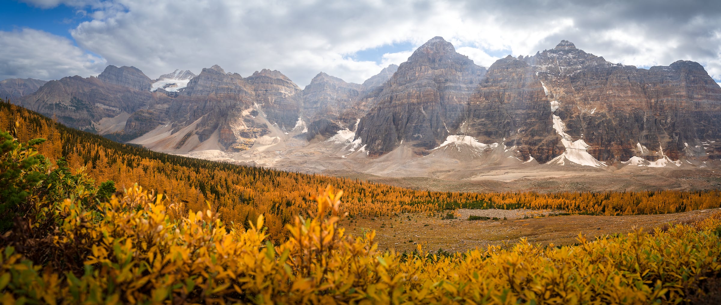 Banff autumn golden larch trees mountain valley