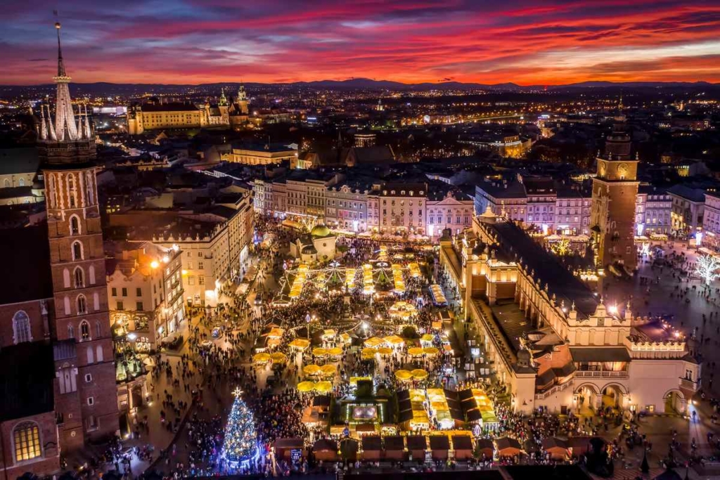 Krakow Main Market Square Christmas stalls