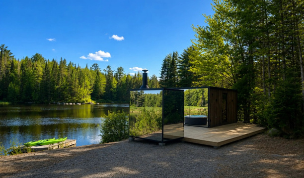 glass house cabin Vermont Green Mountains lake reflection