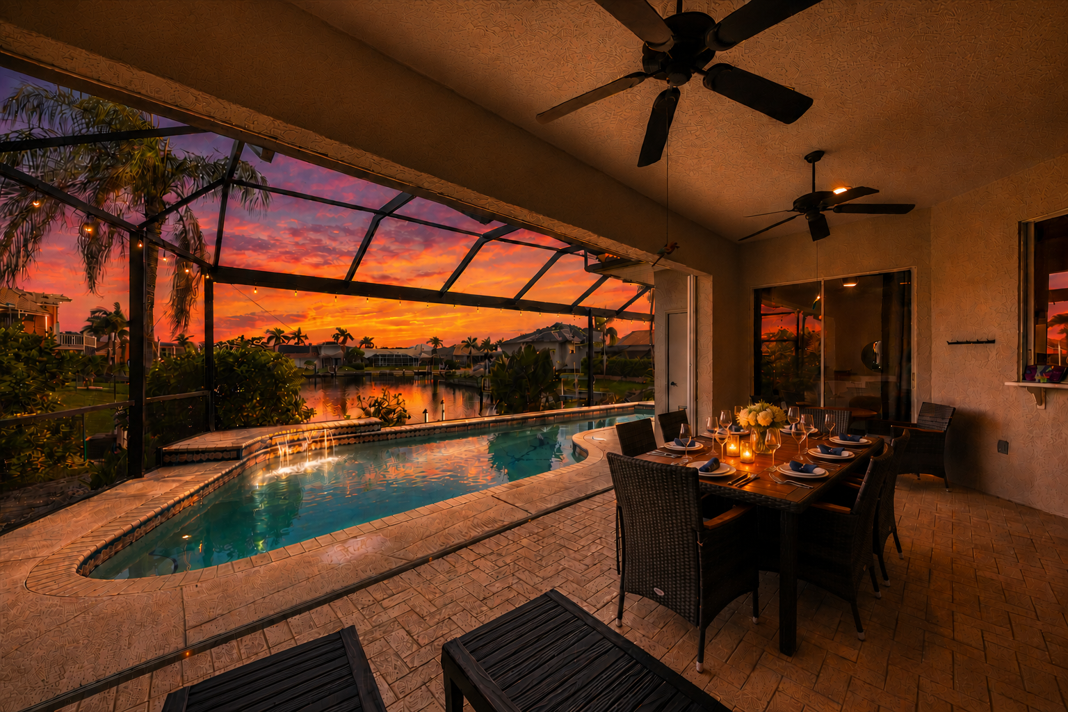 Orlando resort pool near theme park at sunset