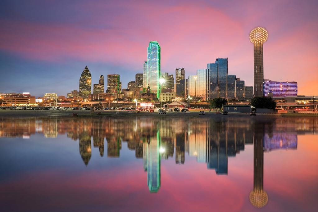 Dallas Texas skyline at sunset
