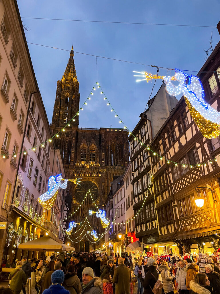 Strasbourg Christmas Market cathedral lights at night