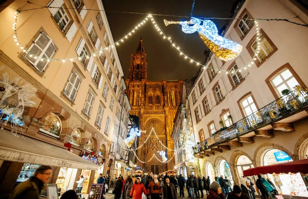 Strasbourg Christmas market cathedral stalls night