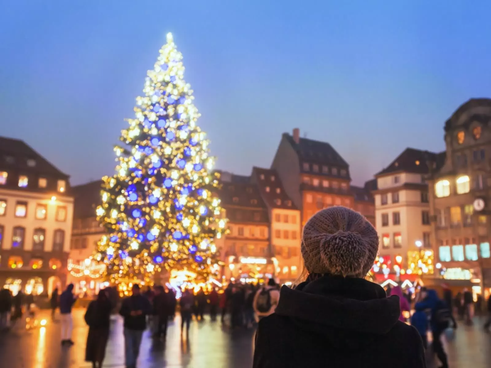 Strasbourg Christmas market half-timbered houses Place Kleber lights
