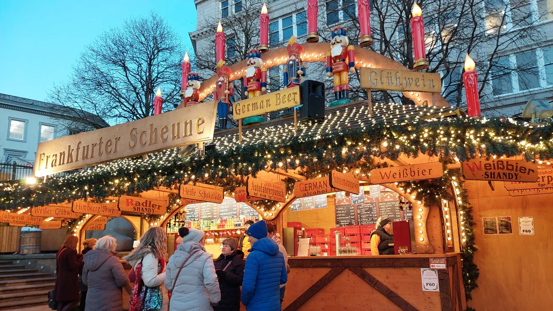 European Christmas market mulled wine food stalls