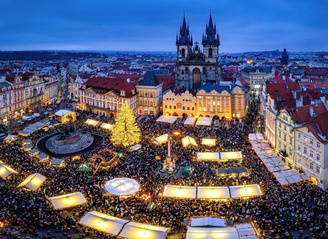 European Christmas market golden hour lights