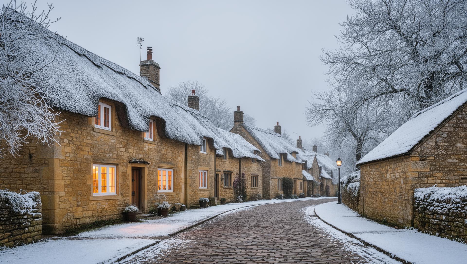 cotswolds stone cottage winter frost