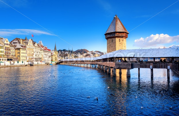 lucerne switzerland winter lake chapel bridge snow