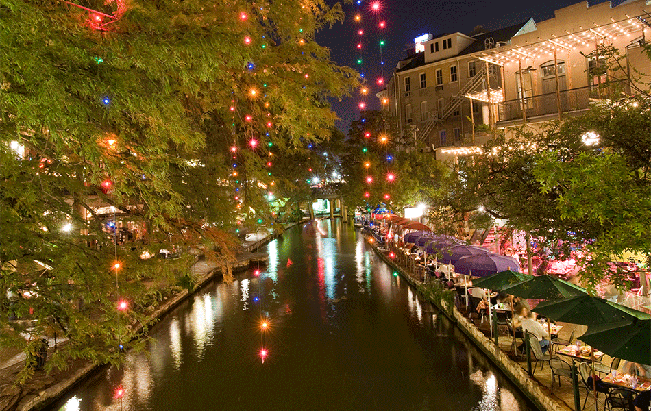 Christmas lights River Walk San Antonio night