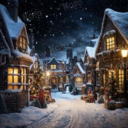 Christmas town street with lights and snow