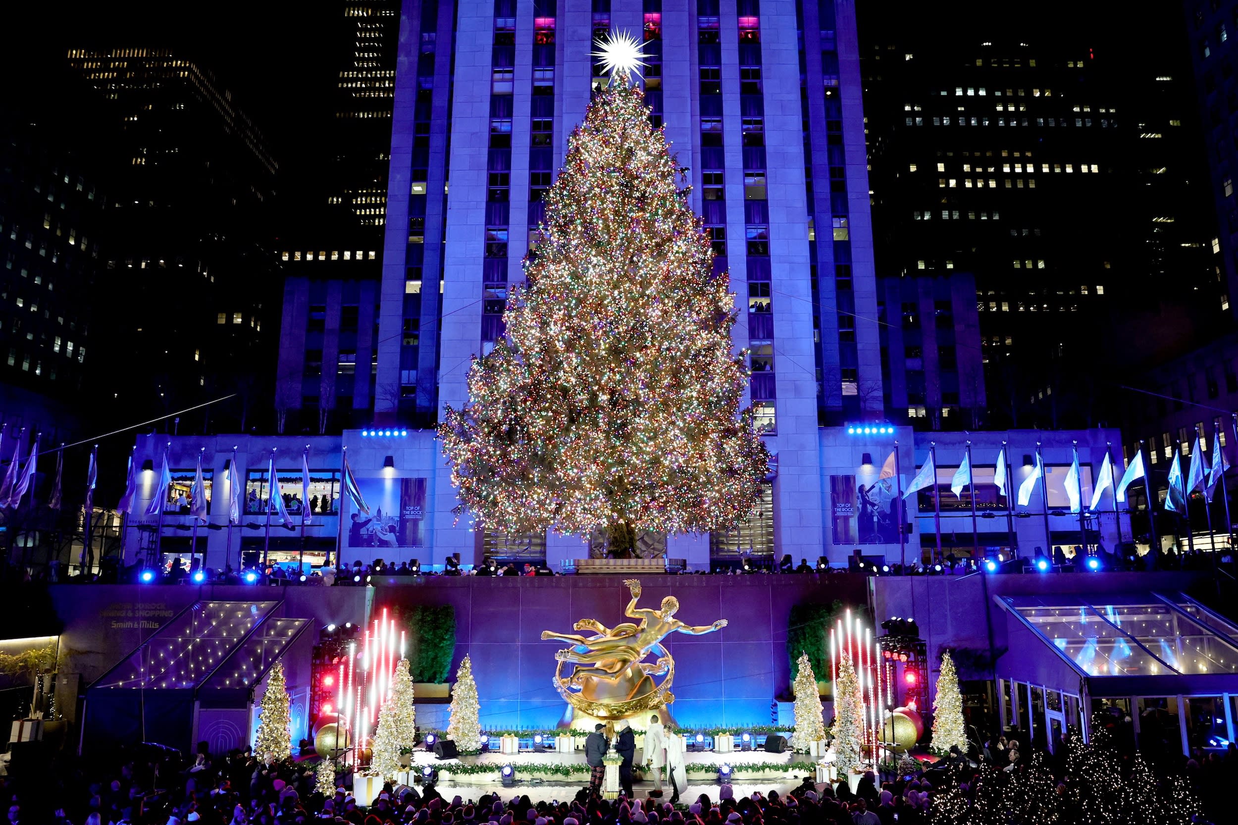 Rockefeller Center Christmas tree lighting at night