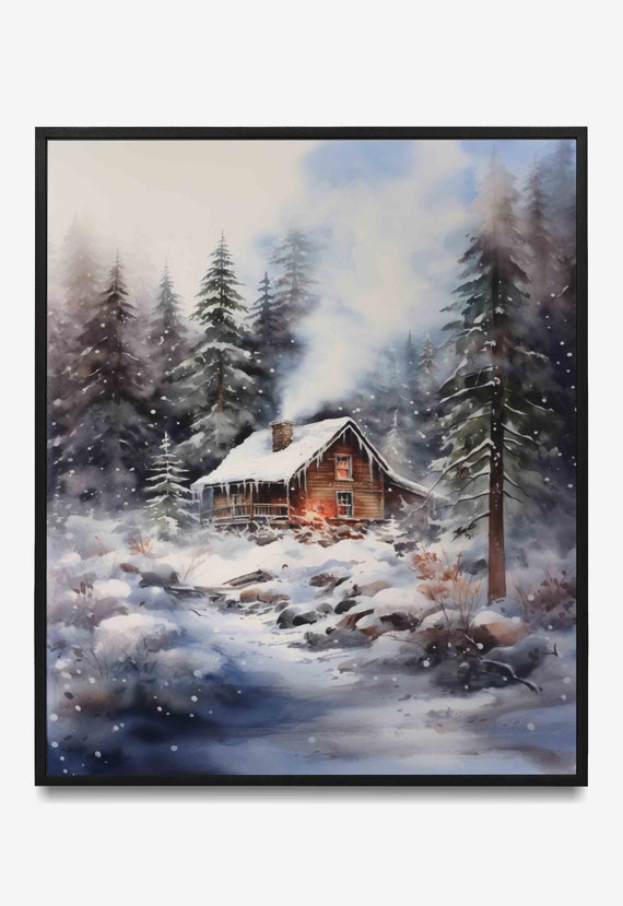 snowy forest cabin with smoke from chimney