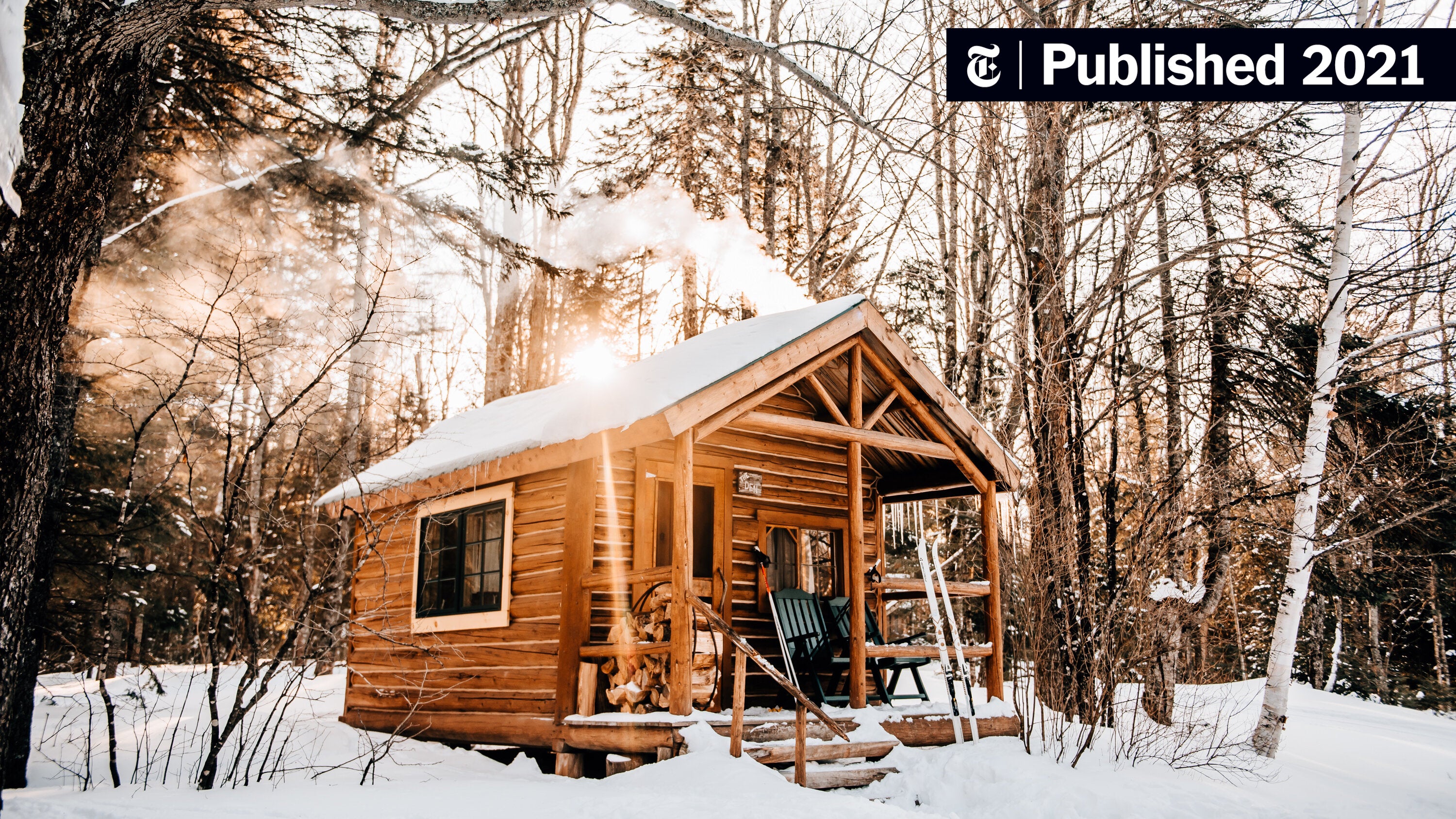 Maine wilderness winter cabin snow