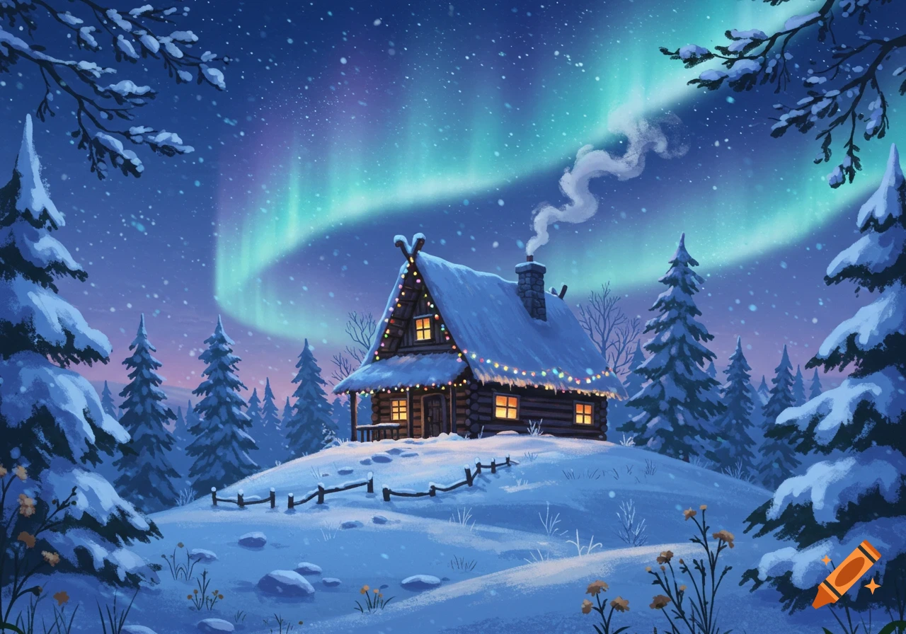 starry sky over snowy cabin
