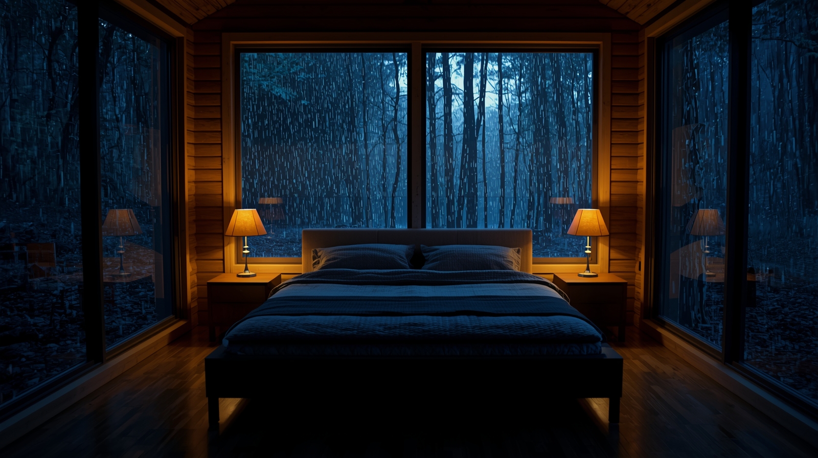 warm cabin interior with lamps and blankets