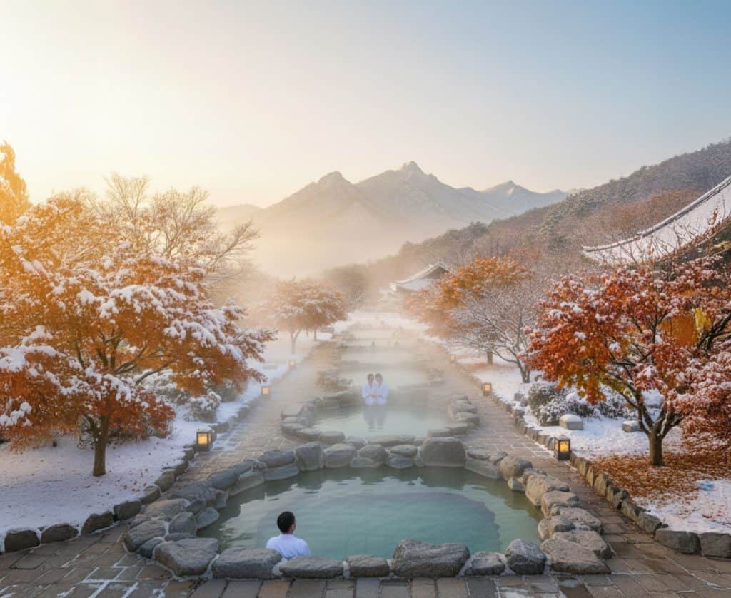 winter hot springs steam snow mountains