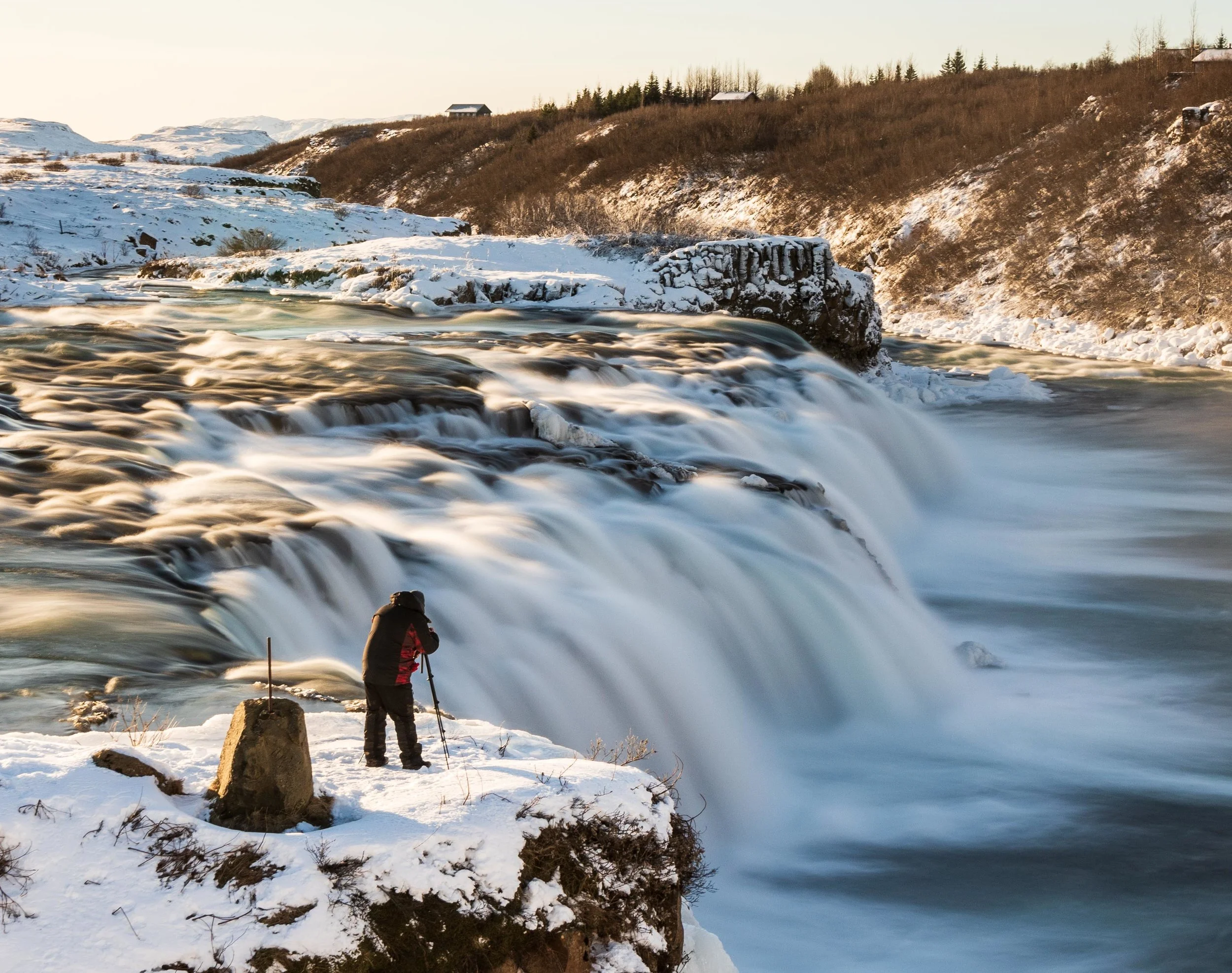 Iceland northern lights winter waterfall landscape