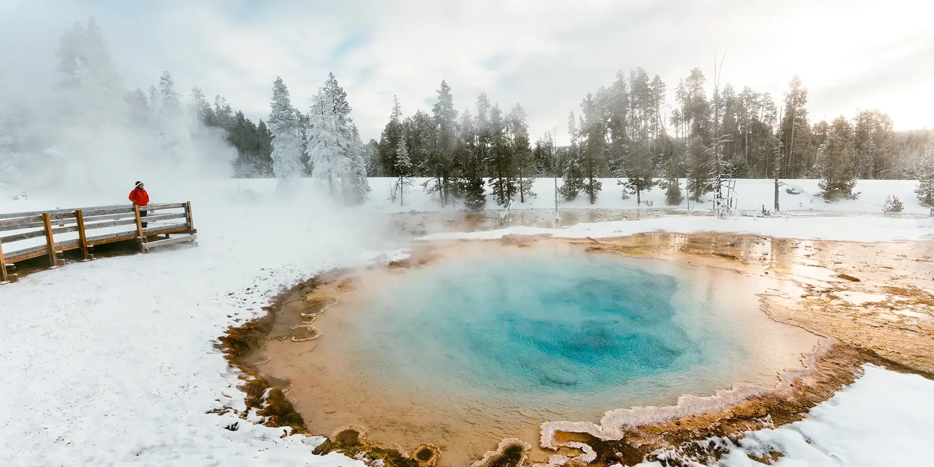 Yellowstone winter geyser steam snow