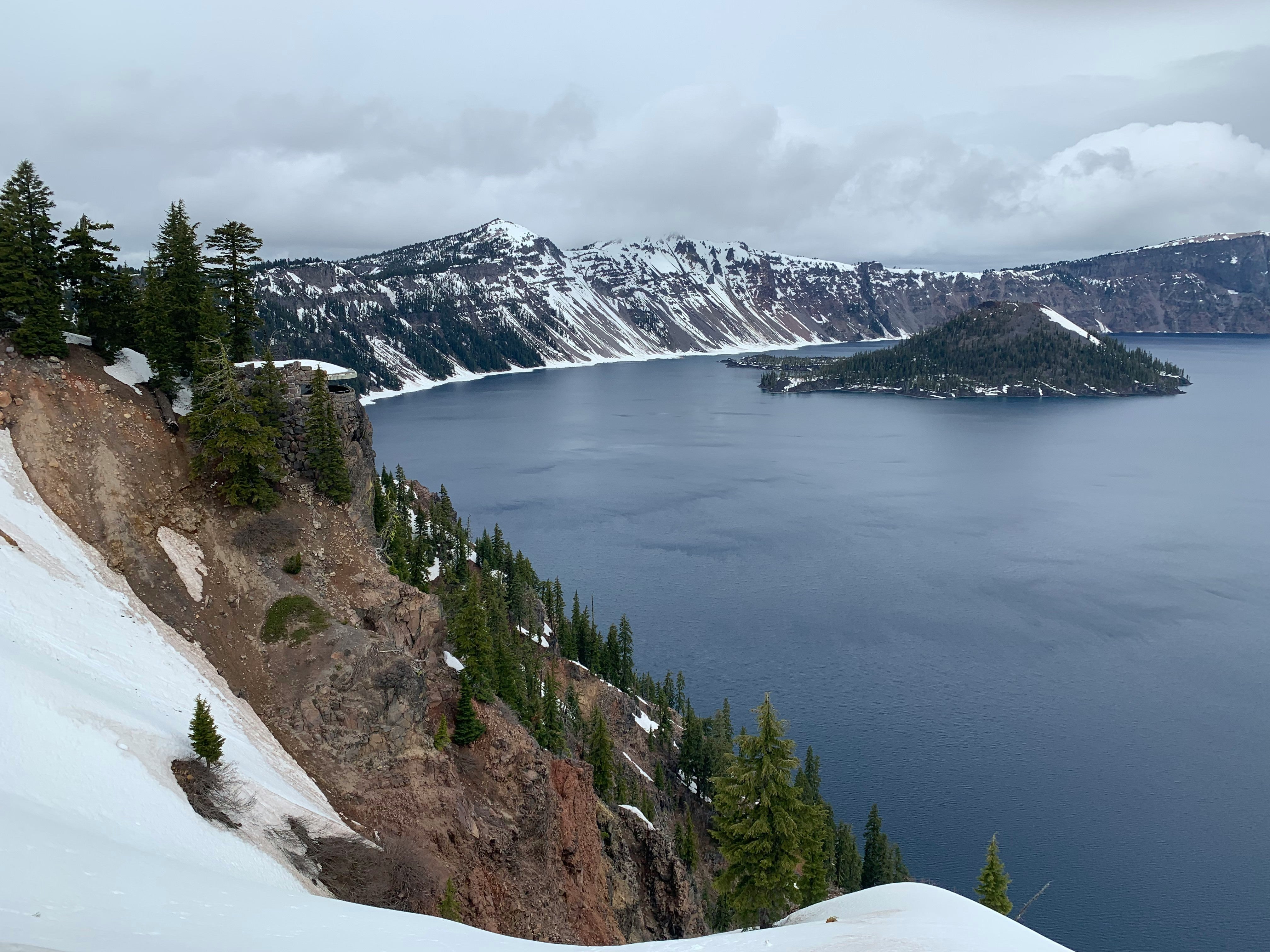 Crater Lake winter snow blue water