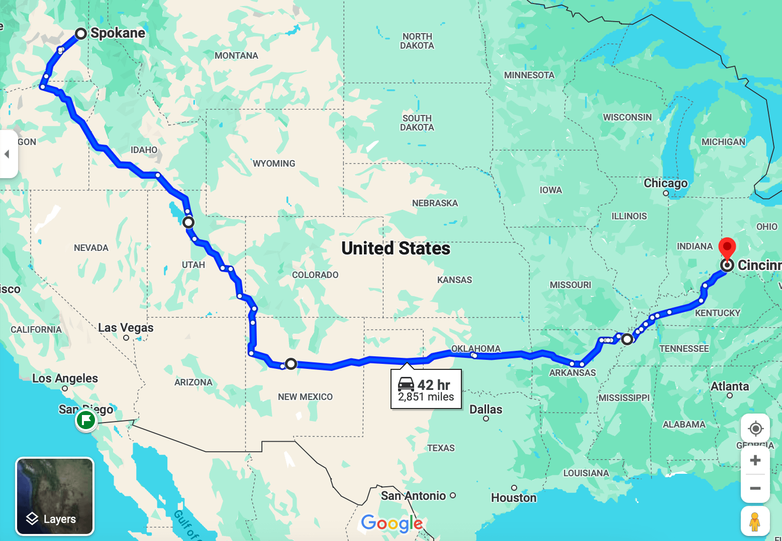 winter road trip map United States