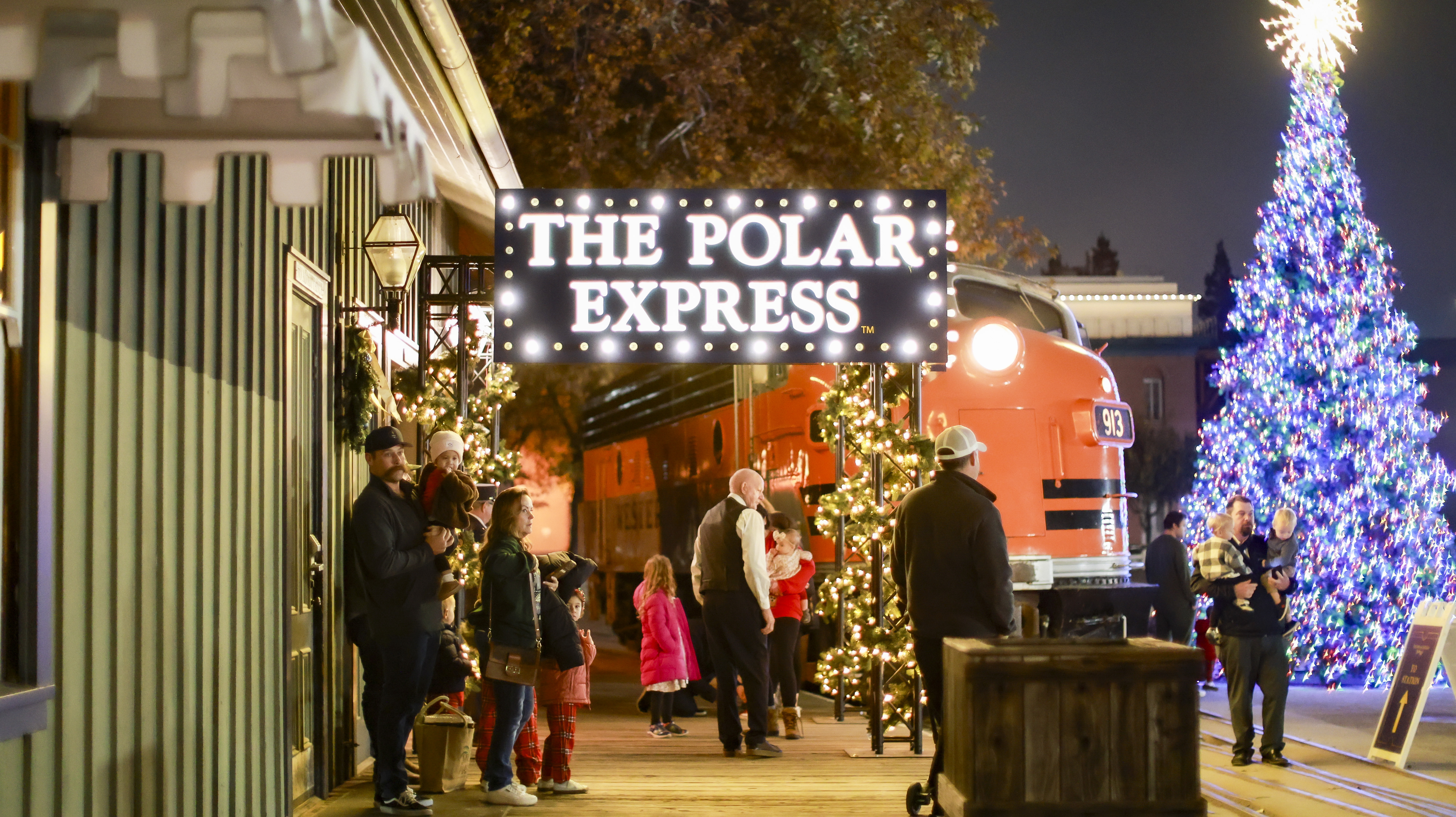 Polar Express train Christmas lights snow