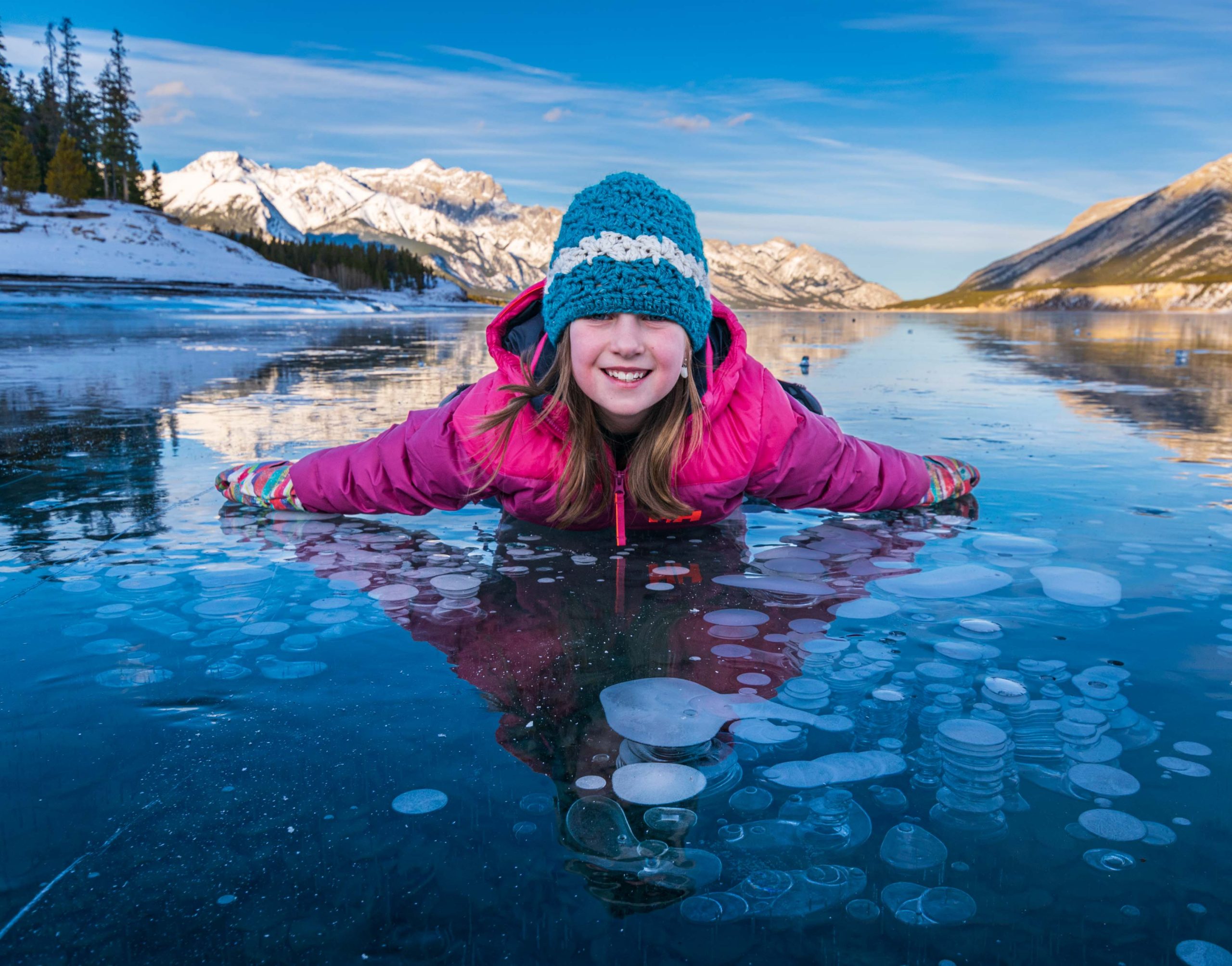 Abraham Lake frozen ice bubbles winter Alberta