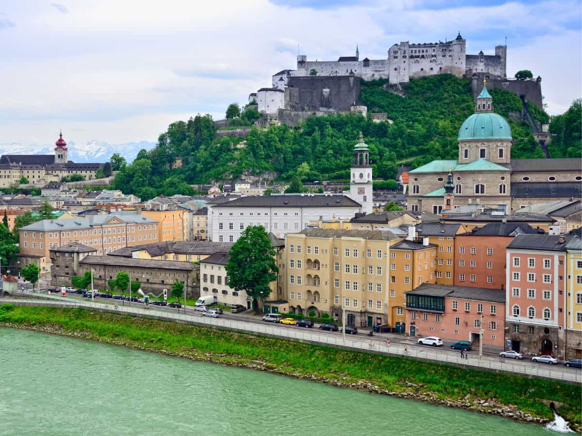 Salzburg Old Town panoramic view from hillside terrace