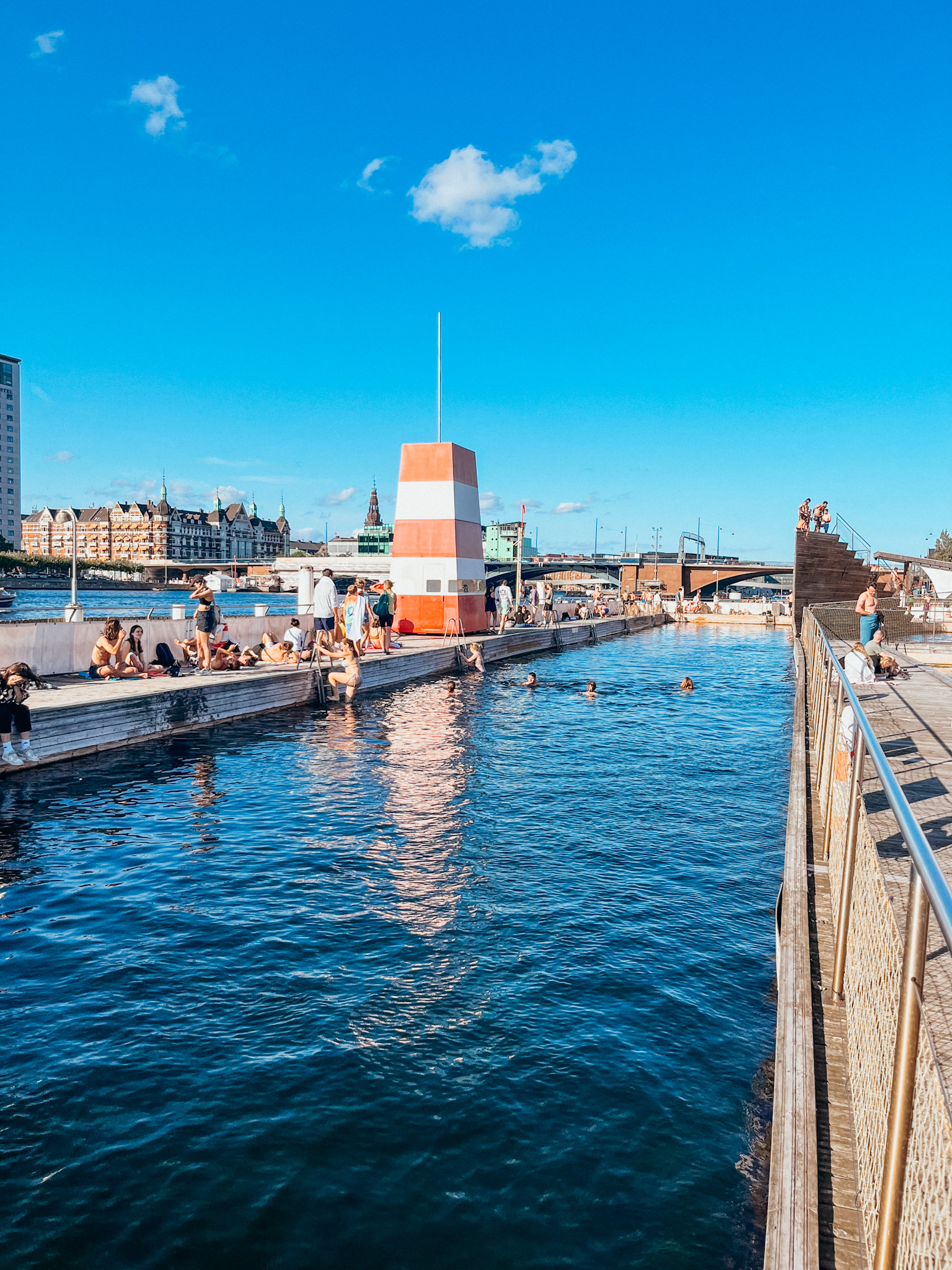 Islands Brygge harbour bath swimmers Copenhagen skyline summer