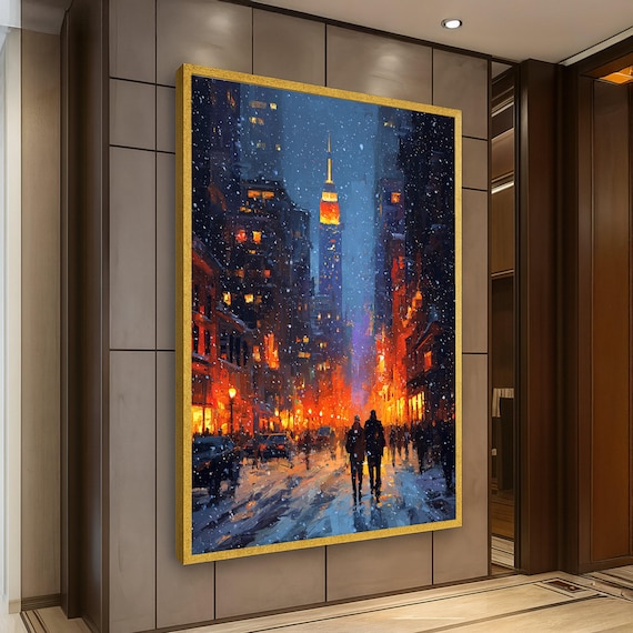 couple walking New York City winter lights