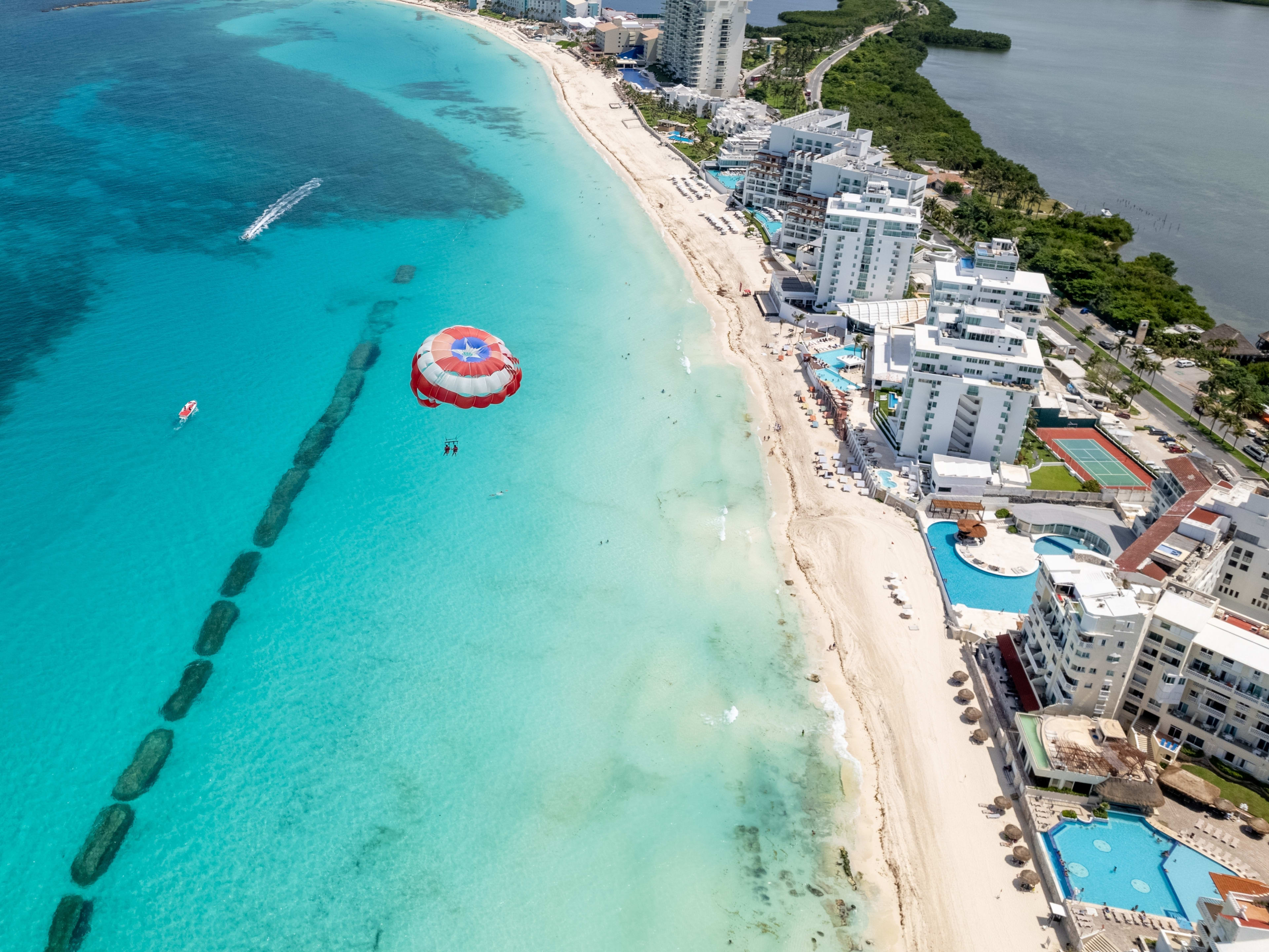 Cancun Hotel Zone aerial view resort strip